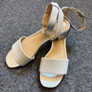 Clark's Leather Sandals Low Block Heel Event Comfort Ivory Silver